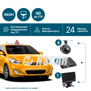 Комплект видеонаблюдения на 4 камеры NSCAR 402_ 4х канальный регистратор, 4 камеры, 7_монитор, микрофон, провода подключения