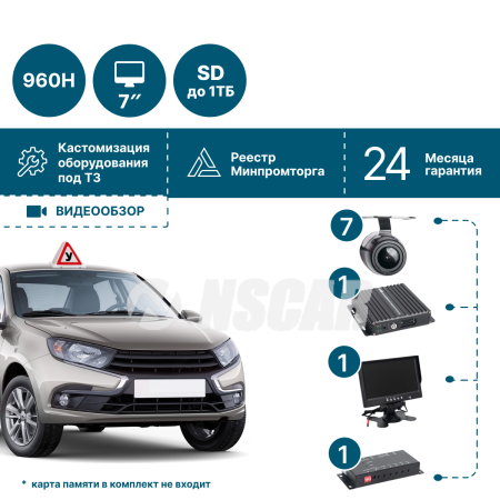 Готовый комплект для автошколы NSCAR 702_ 4х канальный регистратор, квадратор, 7 камер, 7_монитор, микрофон, провода подключения