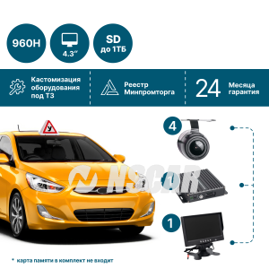 Комплект видеонаблюдения на 4 камеры NSCAR 403_ 4х канальный регистратор, 4 камеры, 4,3_монитор, микрофон, провода подключения