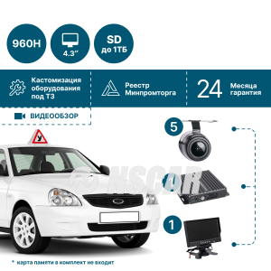 Комплект видеонаблюдения на 5 камер NSCAR 503_ 4х канальный регистратор, квадратор, 5 камер, 4,3_монитор, микрофон, провода подключения