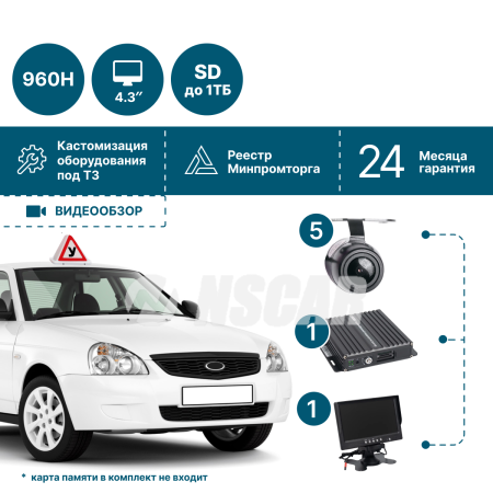 Комплект видеонаблюдения на 5 камер NSCAR 503_ 4х канальный регистратор, квадратор, 5 камер, 4,3_монитор, микрофон, провода подключения