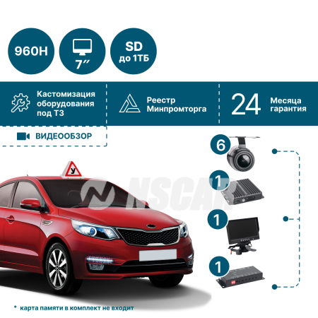 Комплект видеонаблюдения на 6 камер NSCAR 602_ 4х канальный регистратор, квадратор, 6 камер, 7_монитор, микрофон, провода подключения