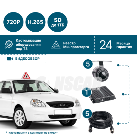 Готовый комплект для автошколы NSCAR 501 HD_ 8ми канальный регистратор HD, 5 камер HD, микрофон, провода подключения