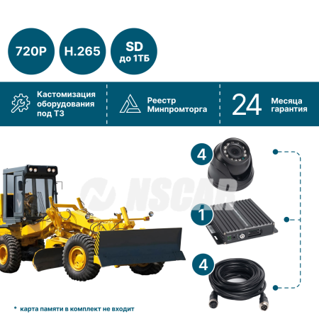 Комплект видеонаблюдения для грейдера на 4 камеры NSCAR ST401_SD (запись на SD)