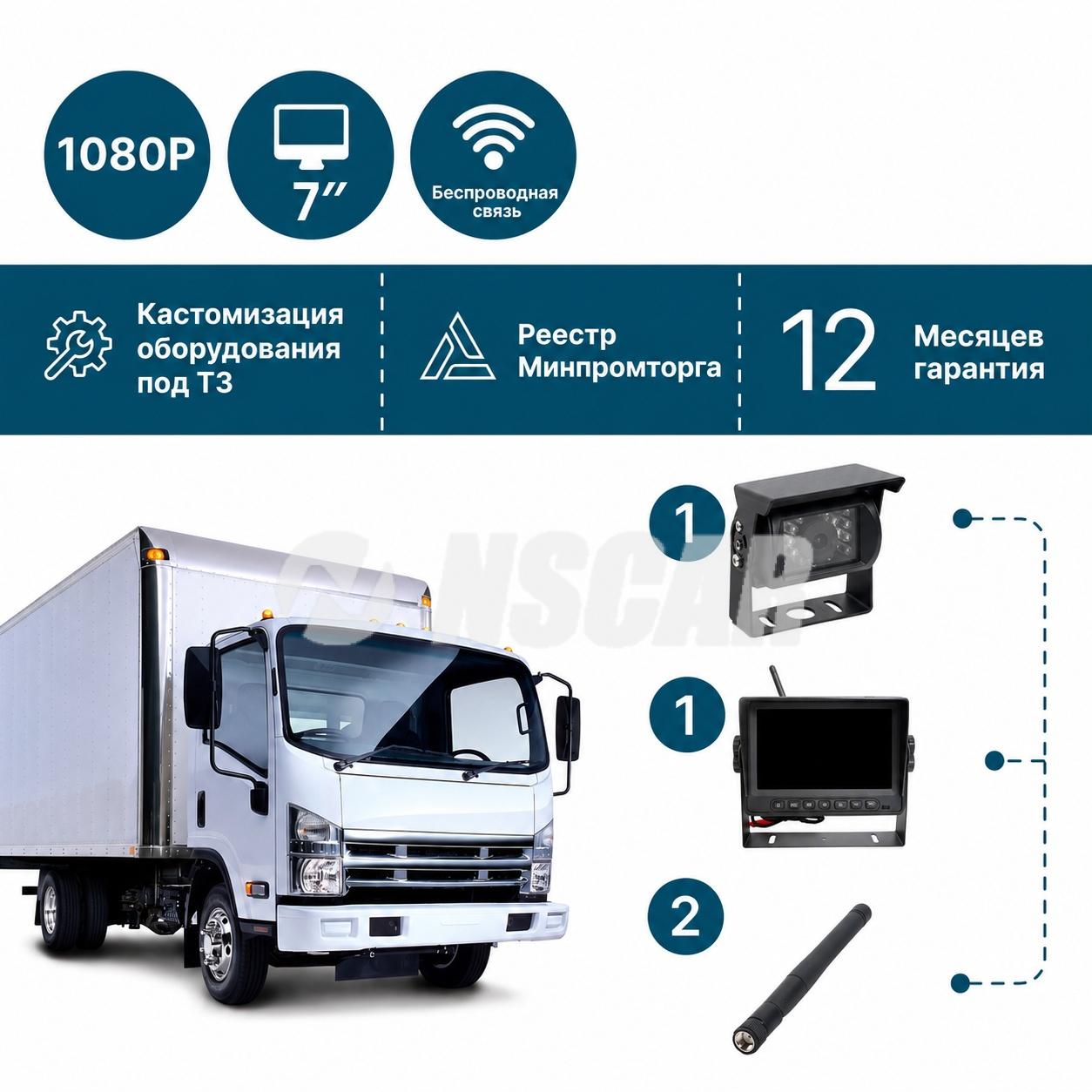 Беспроводной комплект (камера+монитор 7'') NSCAR PK101 Full HD с функцией записи