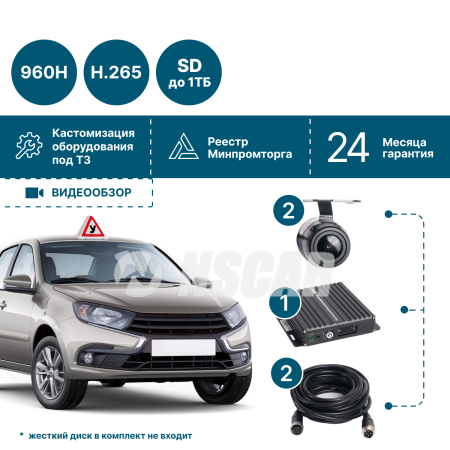 Комплект видеонаблюдения NSCAR на 2 видеокамеры для автошколы 201 SD_ 4х канальный регистратор, 2 камеры, микрофон, провода подключения
