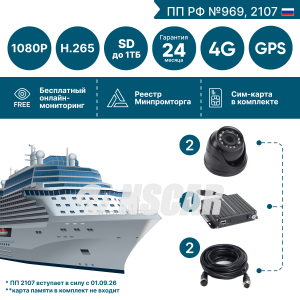 Комплект видеонаблюдения для пассажирских судов NSCAR (2 видеокамеры + видеорегистратор + кабели) SHIP20_2SD с опциями 4G+GPS/Глонасс FullHD (по 969, 2107*)
