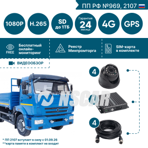 Комплект видеонаблюдения для опасных грузов на 4 камеры NSCAR BN401 FullHD_2SD с опциями 4G+GPS/Глонасс (по 969, 2107*)