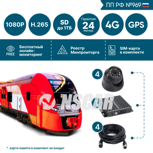 Комплект на 4 камеры NSCAR BUS401 FullHD_2SD с опциями 4G+GPS_Глонасс