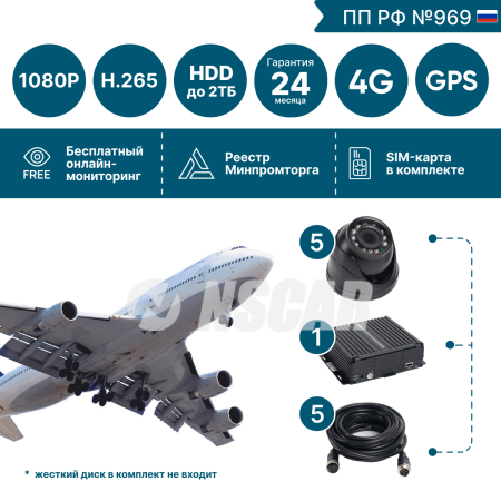 Комплект на 5 камер NSCAR BUS501 FullHD_HDD с опциями 4G+GPS Глонасс