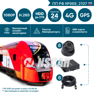 Комплект на 6 камер NSCAR BUS601 FullHD_HDD с опциями 4G+GPS/Глонасс (по 969, 2107*)