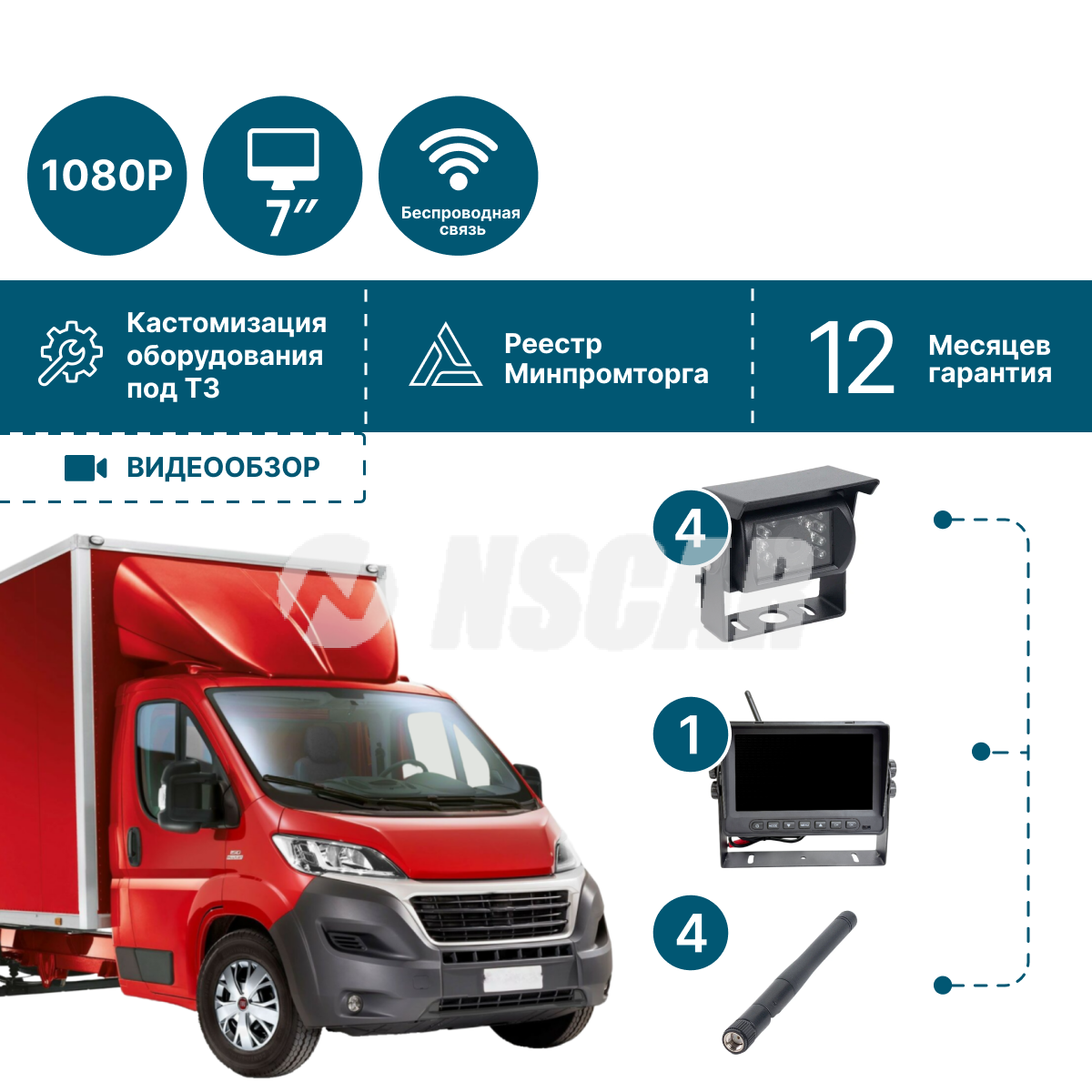 Беспроводной комплект (4 камеры+монитор 7'') NSCAR PK401 Full HD с функцией записи
