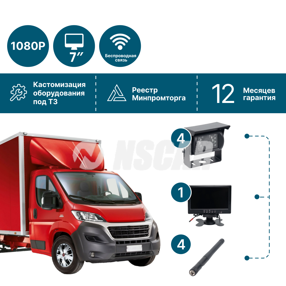 Беспроводной комплект (4 камеры+монитор 7'') NSCAR PK401 Full HD с функцией записи