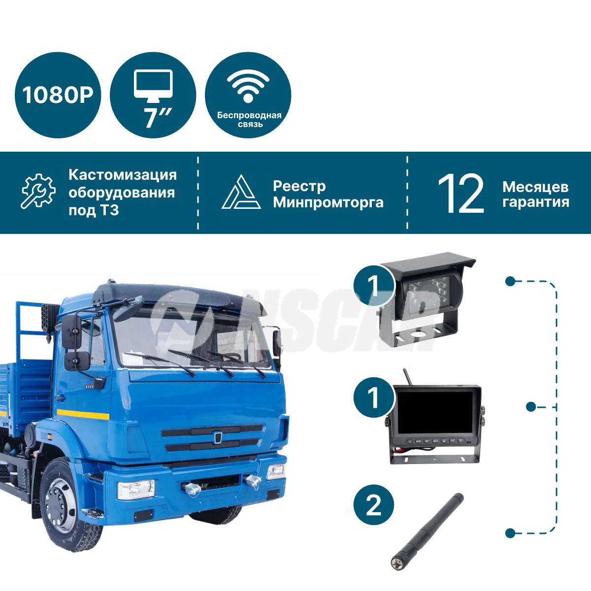Беспроводной комплект видеонаблюдения (камера+монитор 7'') NSCAR PK101 Full HD