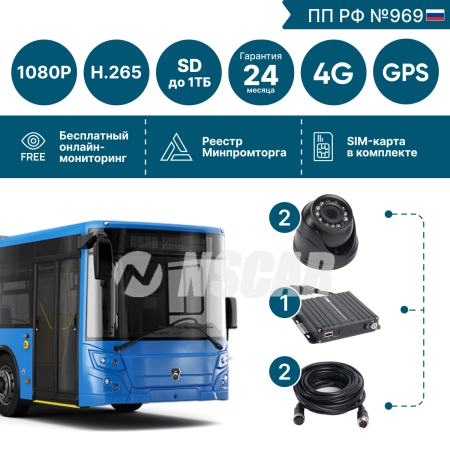 для автобуса на 2 камеры NSCAR BUS201 FullHD_SD с опциями 4G+GPS_Глонасс