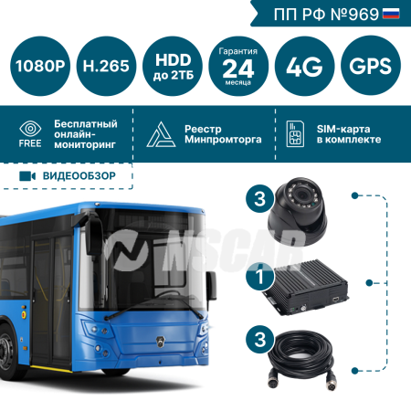 Комплект для автобуса на 3 камеры NSCAR BUS301 FullHD_HDD с опциями 4G+GPS_Глонасс (1)