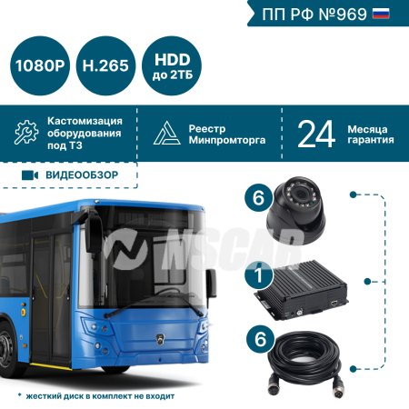 Комплект для автобуса на 6 камер NSCAR BUS601 FullHD_HDD (по 969)