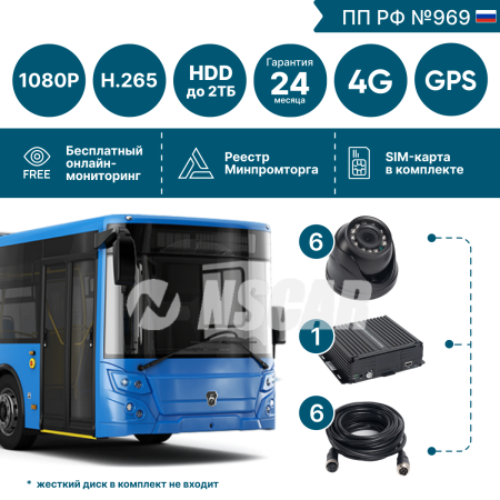Комплект для автобуса на 6 камер NSCAR BUS601 FullHD_HDD с опциями 4G+GPS Глонасс