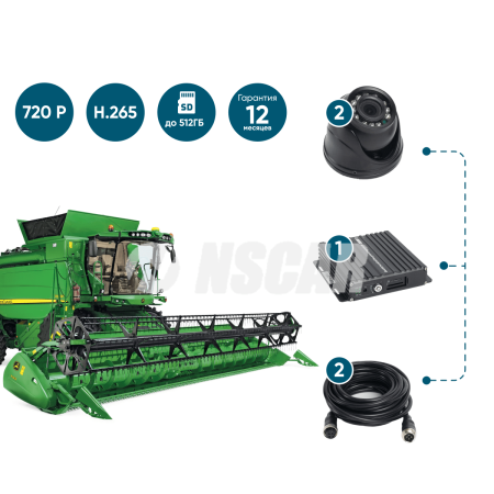 Комплект видеонаблюдения для сельхозтехники на 2 камеры NSCAR AE201_SD (запись на SD)