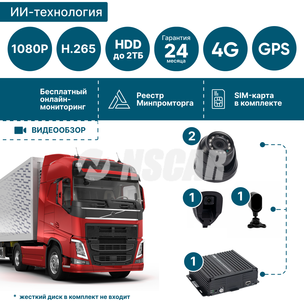 Комплект ADAS-DSM на 2 камеры с HDD на 2 тб для грузового транспорта