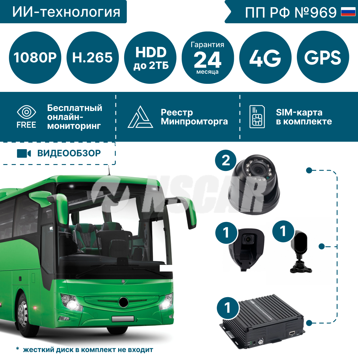 Комплект ADAS-DSM на 2 камеры с HDD на 2 тб для общественного транспорта