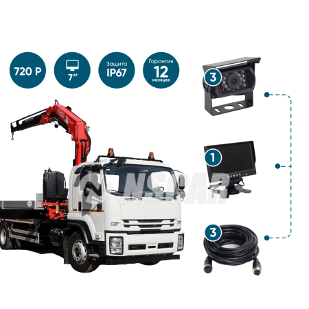 Парковочный комплект (3 камеры + монитор 7'') NSCAR PK302 с функцией записи