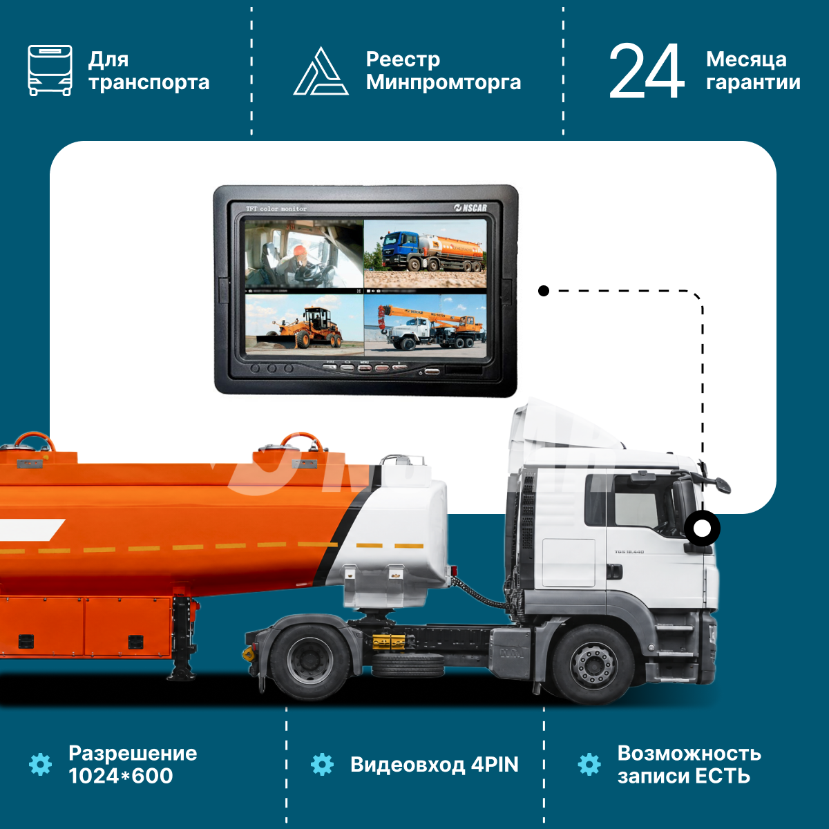 Автомобильный монитор NSCAR МР 803 Full HD пластиковый 7 дюймов 4PIN 4 видеовхода с функцией записи на SD