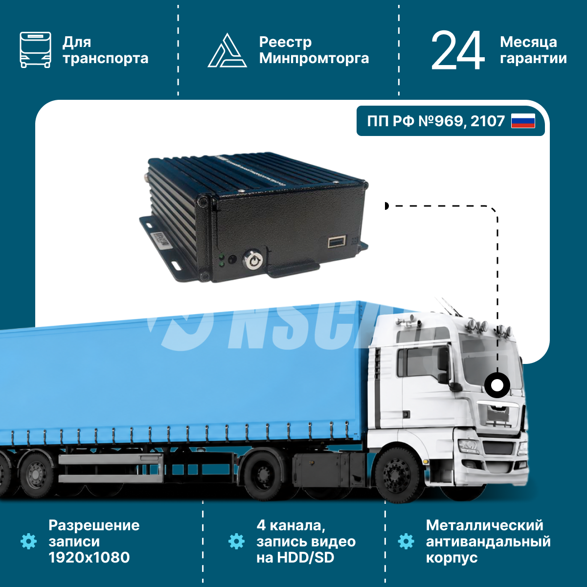 Автомобильный видеорегистратор NSCAR F864 ver.02 c подогревом жесткого диска и металлической антивандальной панелью