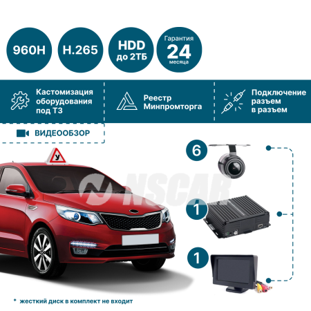 Комплект видеонаблюдения NSCAR (6 камер + монитор 4,3) для автошкол 803 HDD+SD