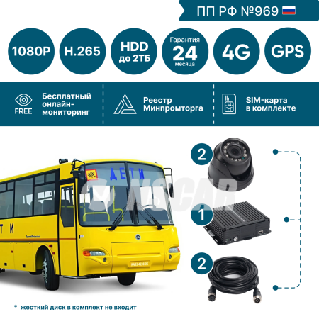 Комплект для школьного автобуса на 2 камеры NSCAR BUS201 FullHD_HDD с опциями 4G+GPS_Глонасс