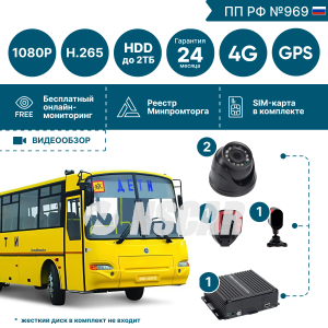 Комплект видеонаблюдения для школьного автобуса NSCAR (2 видеокамеры + камера ADAS + камера DSM) KID40_HDD + 4G+GPS/Глонасс+WiFi