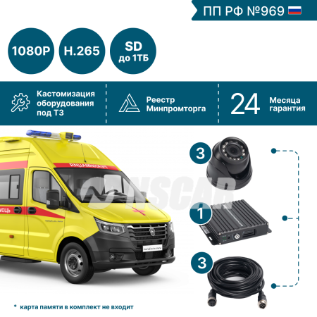 Комплект видеонаблюдения для скорой помощи на 3 камеры NSCAR (запись на SD)