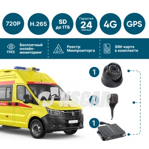 Комплект онлайн-видеонаблюдения NSCAR за пациентом скорой помощи (1 видеокамера + тангента) ST10_SD с опциями 4G+GPS