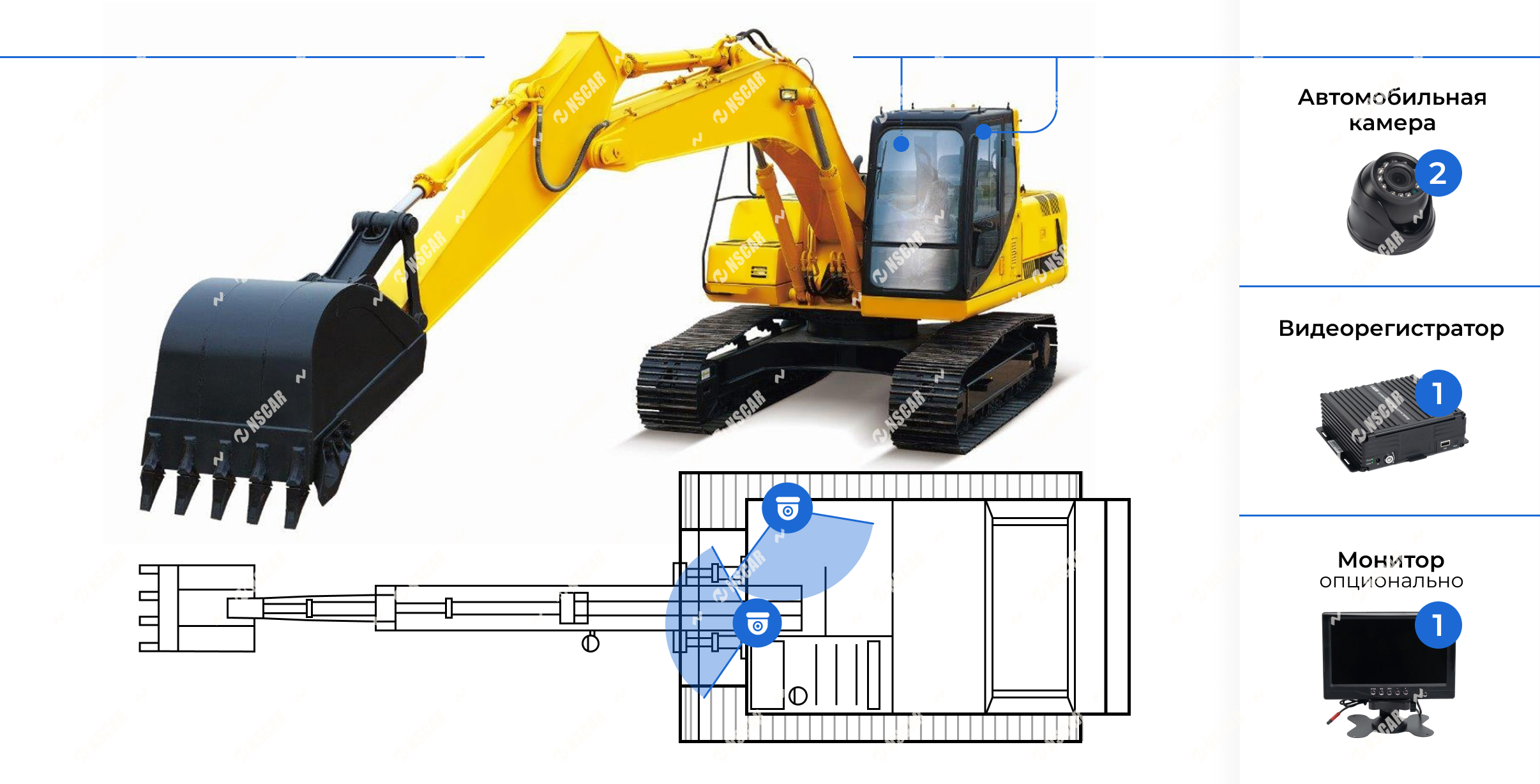 Схема установки системы видеонаблюдения на экскаватор - 2 камеры
