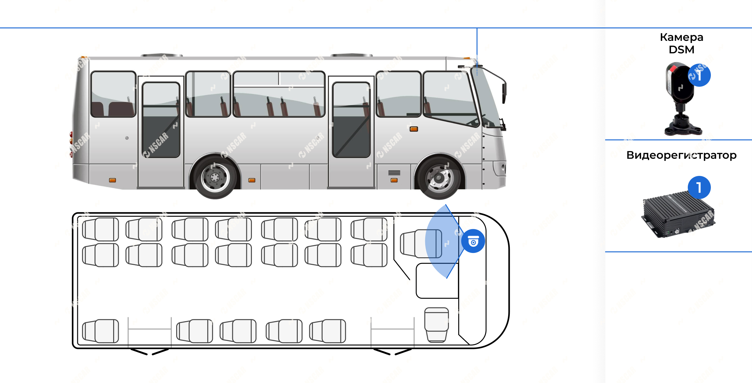 Схема установки камеры контроля водителя NSCAR DSM на автобус