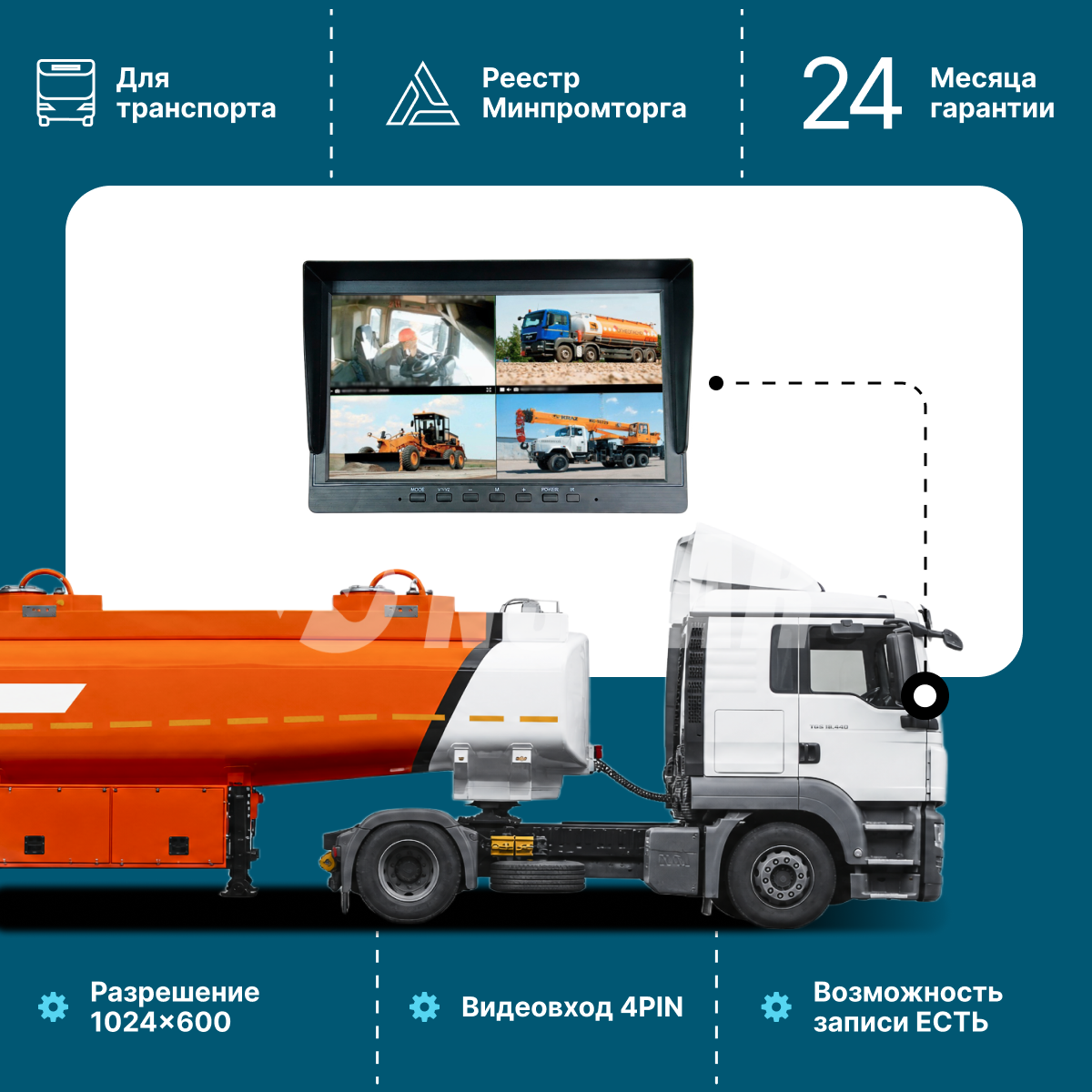 Автомобильный монитор NSCAR МР 803 пластиковый 10 дюймов 4PIN Full HD 4 видеовхода с функцией записи на SD